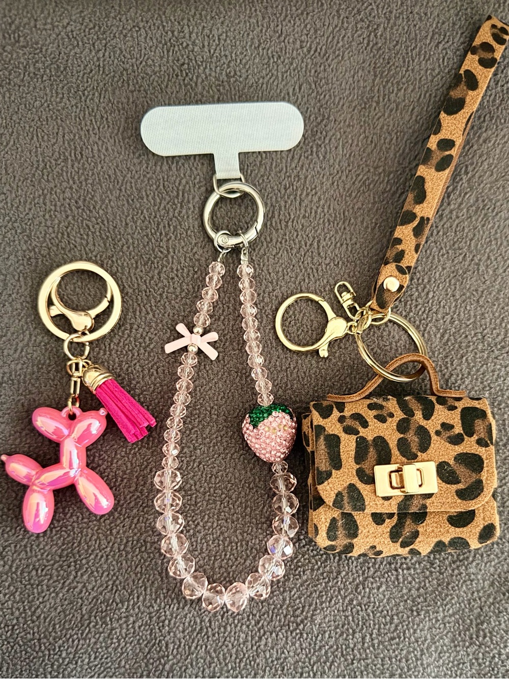 Women's Pink Beaded Strawberry CP Wristlet and Leopard Mini Bag Set